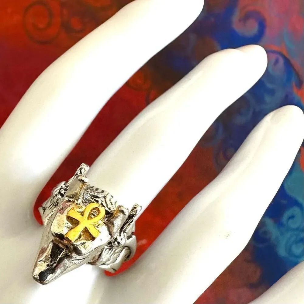 Egyptian Anubis Ring w/ Gold-Tone Ankh
